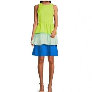 LDT Bailey Color Block Ruffle Crew Neck Sleeveless Tiered A-Line Dress Size 4